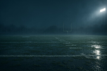 American football field at night with stadium lights, dark atmosphere