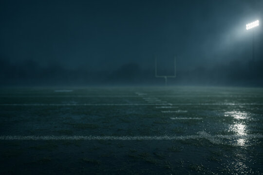 Fototapeta American football field at night with stadium lights, dark atmosphere