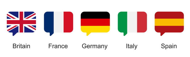European flags in speech bubbles form. Button icon flag set. Language translate concept. United Kingdom, France, Germany, Italy, Spain © dlyastokiv