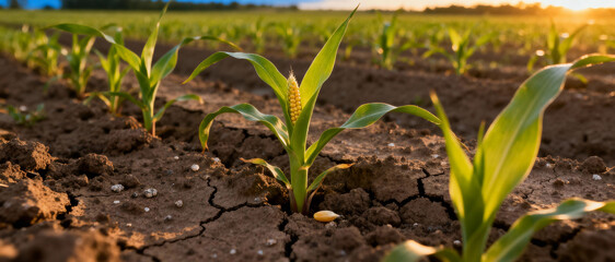 Fototapeta premium Sprouting corn seedlings growing in dry cracked soil during sunrise, highlighting drought conditions, fragile agriculture and climate impact