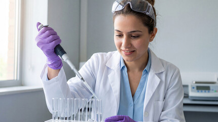 Female scientist working with pipette in modern laboratory, conducting medical research and analyzing liquid samples in test tubes