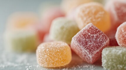 Close-up of a pile of sugar cubes. the cubes are of different colors - orange, yellow, pink, and green - and are covered in a light dusting of sugar.