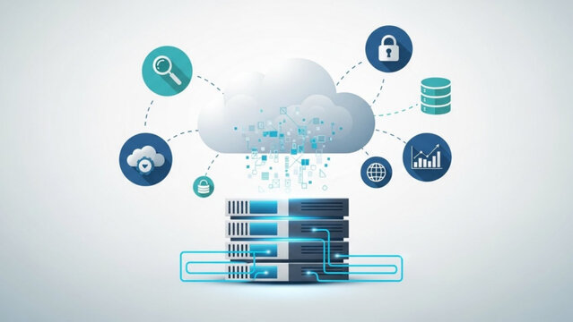 Cloud computing concept with server and security icons around a cloud
