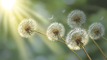 Obraz premium Close-up of dandelion clocks with seeds being carried away in the sunlit breeze