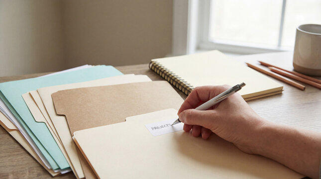 Organized workspace with person labeling project folder among paperwork and stationery near window, highlighting administration and planning