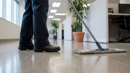 Clean office corridor floor being mopped by worker in dark uniform, maintaining workplace hygiene and tidiness near cubicles and plants
