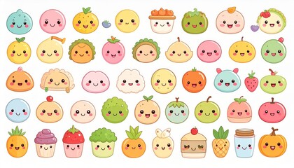 Obraz premium Adorable kawaii illustration of smiling food characters with expressive faces, soft pastel colors, playful and cheerful style, clean outlines, perfect for stickers, kids designs, and social media