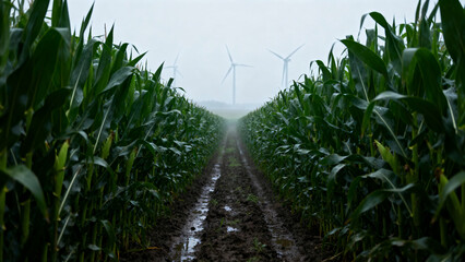 Obraz premium Corn field path with wind turbines in the background on a cloudy day in rural area