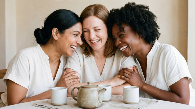 Diverse female friends sharing laughter over tea at a cozy table, enjoying warm connection and relaxed conversation together