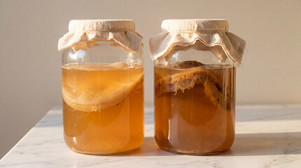 Homemade kombucha fermentation in glass jars with visible scoby layers on white marble surface in warm natural sunlight