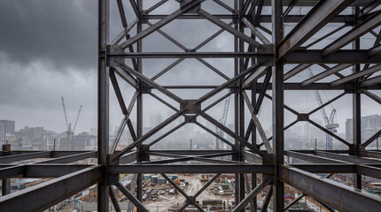 Naklejka premium Steel framework of high rise building under construction with urban skyline and cranes in foggy overcast industrial cityscape