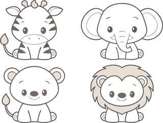 Neutral Nursery Safari Animals Illustration. Safari Animals Design in Soft Neutral Nursery Style. Cute Safari Animals Artwork for Neutral Nursery. Baby Nursery Safari Animals in Calm Natural Tones