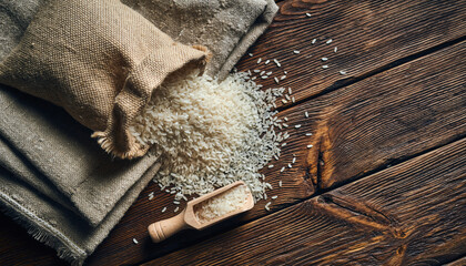 Fototapeta premium Generated image. Rice spills from burlap bag on wooden surface with scoop nearby