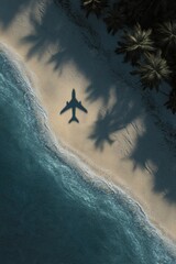 Naklejka premium Shadow of Airplane Over Tropical Beach with Palm Shadows