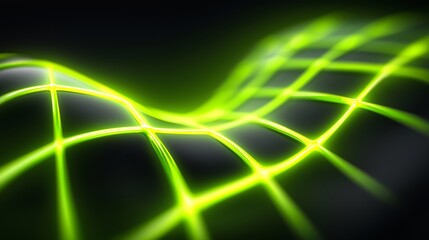 Minimalist, abstract image of a wavy, undulating black surface with a glowing, neon green grid pattern, representing data, technology, or a digital landscape.