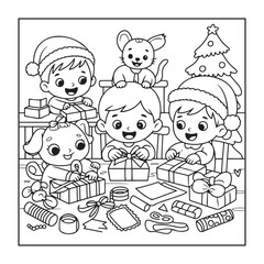 Christmas-themed, fully detailed black and white coloring pages with Christmas elements in a cute style for adults and teens.
