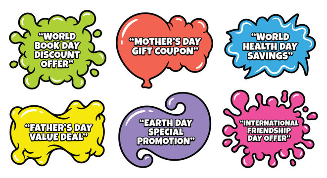 Colorful promotional speech bubbles for various holidays and special offers isolated on white background