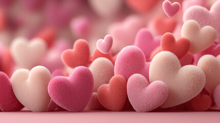 Close-up macro photography of velvety, textured hearts in pink and cream tones. A bright pink heart pops in the foreground against a softly blurred pastel background