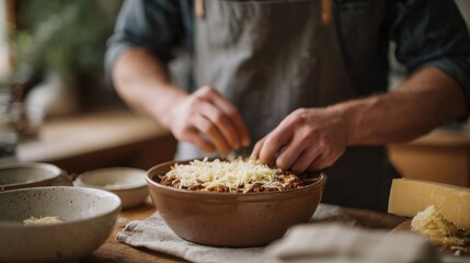 Person's hands preparing a dish in a kitchen. the person is wearing a dark blue apron and is standing in front of a wooden countertop.