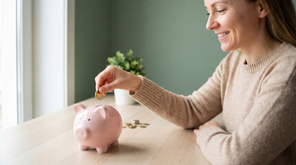 Smiling woman saving money at home, placing a coin into a pink piggy bank on a wooden table with natural window light
