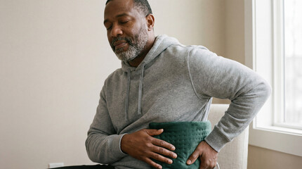 Man using heating pad on lower back and abdomen while sitting indoors, relieving pain and discomfort in casual comfortable clothing