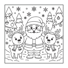 Christmas-themed, fully detailed black and white coloring pages with Christmas elements in a cute style for adults and teens.
