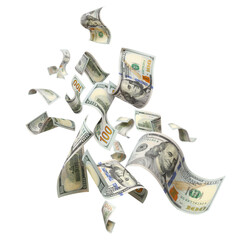 Naklejka premium Flying hundred dollar bills, isolated on transparent cutout background