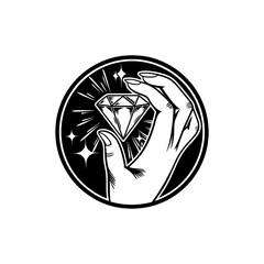 hand holding radiant diamond, black and white illustration precious gem symbolizing value and luxury