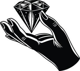 hand holding radiant diamond, black and white illustration precious gem symbolizing value and luxury