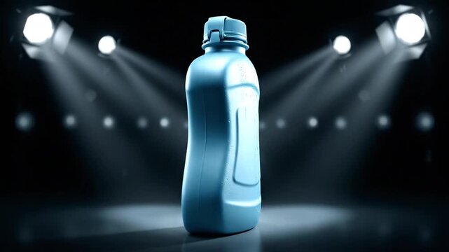 Blue Plastic Bottle Product Display on Dark Stage with Dramatic Spotlights and Reflective Surface