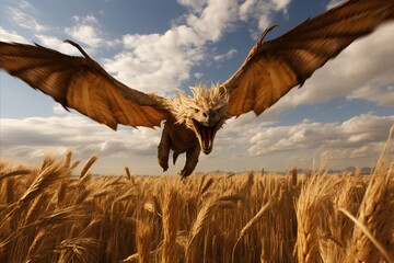 A dragon soars above a grassland, overlooking a vast wheat field