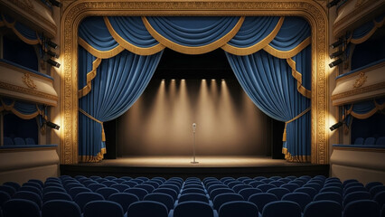 Empty theater stage with blue curtains and spotlight, ready for performance or presentation