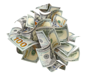 Flying hundred dollar bills, isolated on transparent cutout background