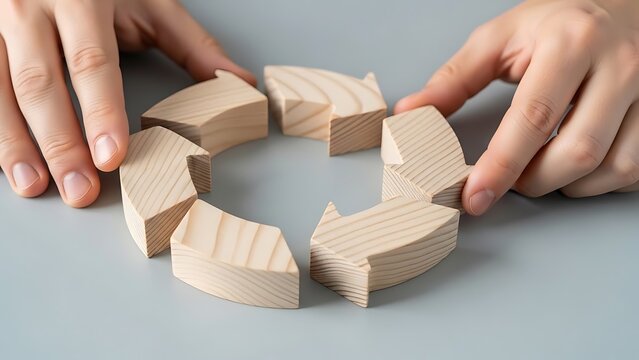 Circular Flow: Hands Aligning Wooden Arrows to Represent Interconnectedness & Continuous Process Improvement