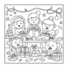 Christmas-themed, fully detailed black and white coloring pages with Christmas elements in a cute style for adults and teens.