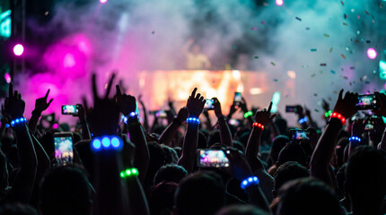 Naklejka premium excited crowd at night music concert with colorful led wristbands raised in the air capturing the live performance on smartphones