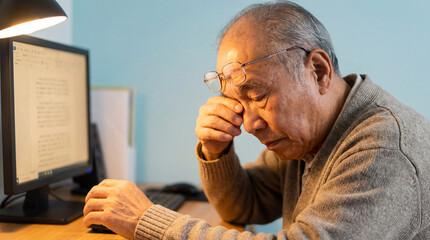 Elderly man rubbing tired eyes while working at computer desk under warm lamp light in home office with glasses resting on forehead