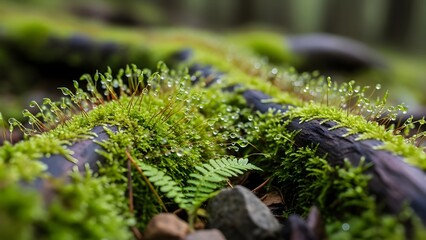 Vibrant moss covering weathered wood