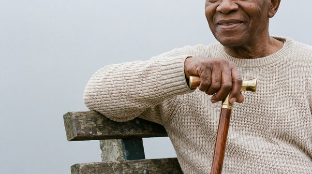 smiling elderly man sitting on outdoor bench holding wooden cane on foggy day in cozy knit sweater - Powered by Adobe