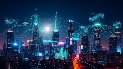 Connected Cityscape: Futuristic Urban Network with Data Streams Overlaying Modern Skyscrapers at Night