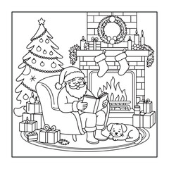 Fototapeta premium Christmas-themed, fully detailed black and white coloring pages with Christmas elements in a cute style for adults and teens.