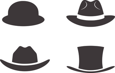 Minimalist black and white silhouette of four different hat styles