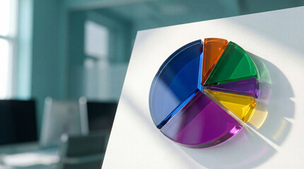 Colorful transparent glass pie chart diagram on white surface in modern office with soft natural light and blurred background