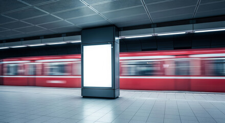 Naklejka premium Blank vertical billboard mockup in subway station with fast moving red train background