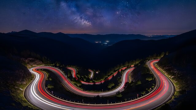 Nighttime mountain road with starry sky - Powered by Adobe