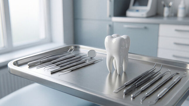 Sterile dental instruments arranged on metal tray beside tooth model in bright clinical examination room with soft natural light