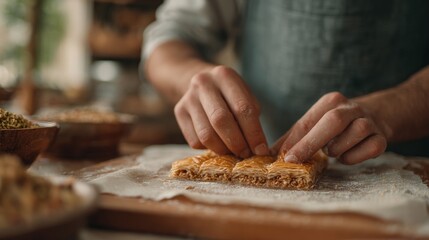 Person's hands kneading a piece of pastry on a wooden cutting board. the person is wearing a blue apron and appears to be in the process of making a baklava.
