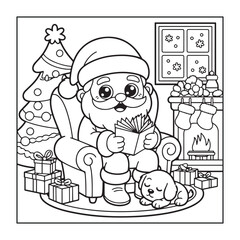 Christmas-themed, fully detailed black and white coloring pages with Christmas elements in a cute style for adults and teens.