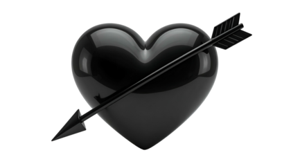 A glossy black heart pierced diagonally by a dark arrow. Dark background