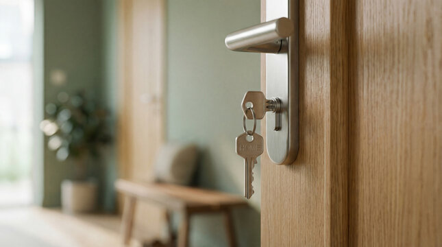 Close up of house key in modern wooden door with sunlight entering cozy hallway interior and blurred plant in background